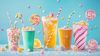 Colorful drinks with candy and sweet decorations.