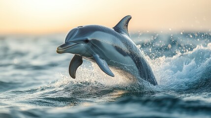 Naklejka premium Majestic Dolphin Leaping at Dawn: A Breathtaking Ocean Scene