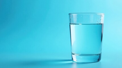 A refreshing glass of clear water sits on a vibrant blue background, ideal for health and wellness concepts.