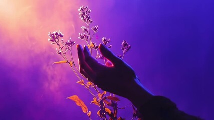 Enchanted Bloom: Hands Gently Caressing Delicate Purple Flowers Under a Mystical Purple and Orange Light