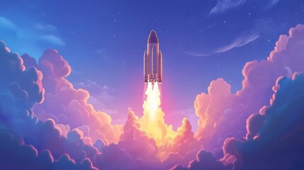 Fototapeta premium Rocket launch. Space ship launches, simple spaceship on start. New project or business, cartoon flat shuttle fly in sky utter background
