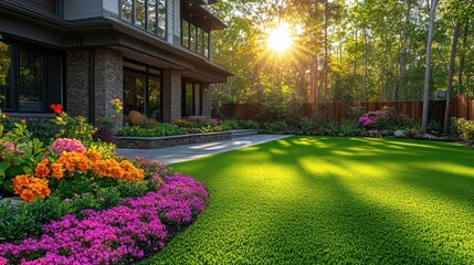 Luxurious Home with Landscaped Garden Bathed in Warm Sunlight