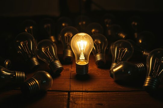 One Illuminated Light Bulb Among Many Dark Bulbs on Wooden Surface