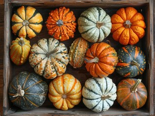 Assortment of Pumpkins in a Wooden Crate