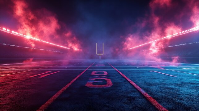American football stadium field with smoke and neon background, generated with computer, suitable for background design, flayer, brosur, ad, booklets and leaflets.
