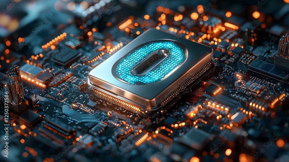 Poster Closeup view of an intricate digital circuitry board with a central processing unit CPU microchip and various other electronic components glowing with an orange and blue hue