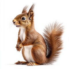 Obraz premium Full-body side-view photograph of a red squirrel against a white background, showcasing its natural beauty and detailed features.