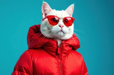 Stylish white cat in a red down jacket and red sunglasses, monochrome blue background, poster