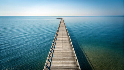 Fototapeta premium Tranquil Wooden Pier Extending Over Calm Blue Waters Under Bright Sky