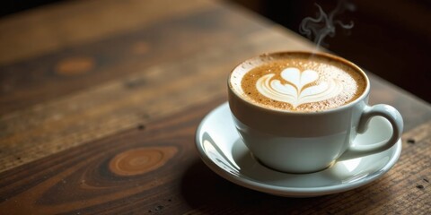 Aromatic Steaming Latte Art in a White Cup on Rustic Wood