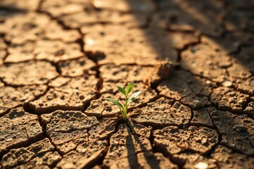 Single green plant growing in cracked dry earth