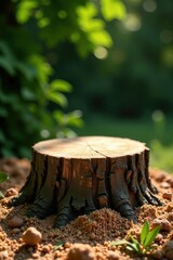 Sunlit tree stump in a natural setting, surrounded by small pebbles and nascent vegetation, offering a tranquil and serene scene for contemplation