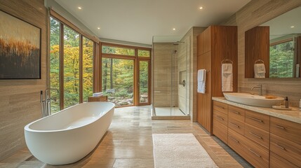 Serene Bathroom Sanctuary with Autumn Forest View and Luxurious Amenities