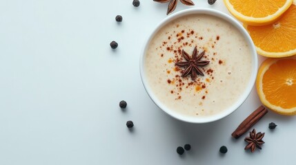 Top view of porridge in white bowl with white background, scattered ingredients