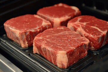 Fresh Raw Beef Steaks in Black Plastic Packaging on Display