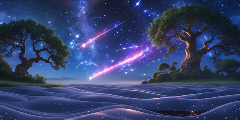 a vibrant constellation sprawled across the starry night sky above a lush, dense meadow and lake, created by generative ai