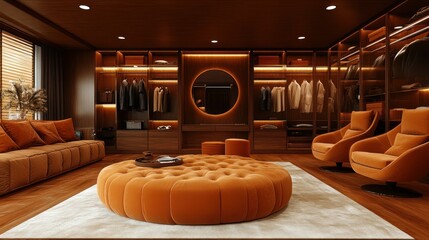 Luxurious walk-in closet with inviting seating and curated organization, warm tones