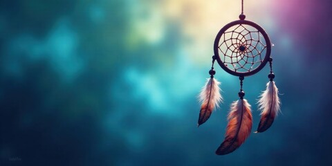 A handcrafted dreamcatcher with delicate feathers hanging against a softly blurred teal background