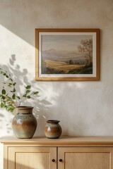 Wall art with framed landscape painting on the wall, decorative pottery vases on wooden cabinet, natural light illuminating serene home decor. Perfect for template use.