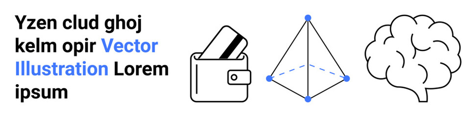 Wallet holding cards, a 3D geometric shape, and a brain sketch. Ideal for finance, technology, education, creativity, analysis strategy and innovation themes. Landing page