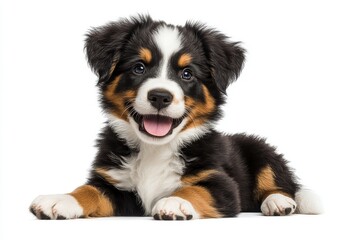 Obraz premium Miniature American Shepherd puppy lying down, full-body shot, isolated on white background. Cute and adorable dog portrait.