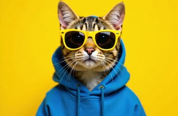 Fototapeta premium Stylish cat in a blue sweatshirt and yellow sunglasses, monochrome yellow background, commercial photography,