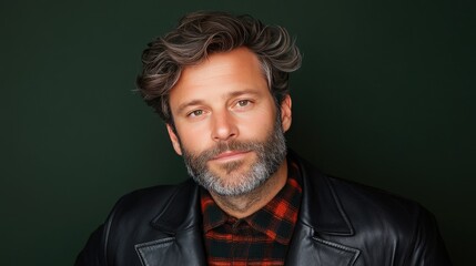 Obraz premium Confident Man in Leather Jacket with Gray Hair and Beard Against Green Background