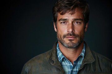 Fototapeta premium Portrait of a Confident Bearded Man in Casual Jacket Against Dark Background