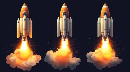 Fototapeta premium Space rocket launch. Spaceship take off with fire and jet smoky trail. Space travel and start up isolated vector illustration