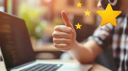 Customers at laptop and headset giving thumb up, rating stars. Customer feedback, customer rating feedback, customer relationship management concept. Header or footer banner template with copy space.