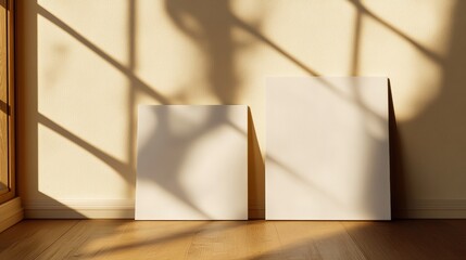 Blank canvas poster mockup in naturally lit room, showcasing minimalist wall art display, perfect for home decor inspiration and creative design projects. Template.