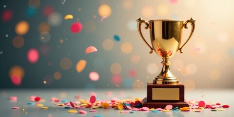 A Golden Trophy Celebrates Achievement Amidst a Festive Shower of Colorful Confetti