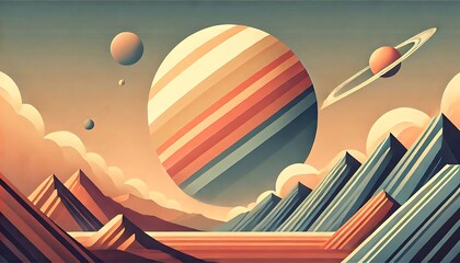 Surreal Planetary Landscape with Striped Mountains
