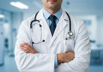 mMdical professional white lab coat stethoscope blue shirt tie arms crossed confident posture