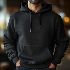 Man in black hoodie with abstract design, warm interior, blurred background