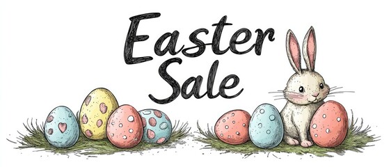Easter Sale Banner with Decorative Eggs and Cute Bunny Illustration