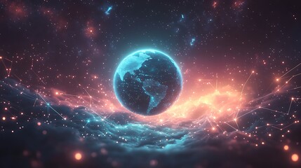 Obraz premium A bright blue digital sphere surrounded by pulsating network connections representing a futuristic vision of worldwide connectivity