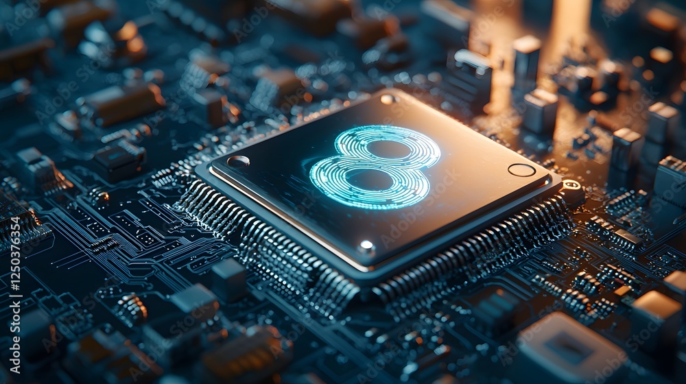 Poster Close up view of a microchip or processor component on a complex high tech circuit board  This image represents the concept of advanced technology digital innovation