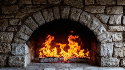 Stone Fireplace With Burning Wood