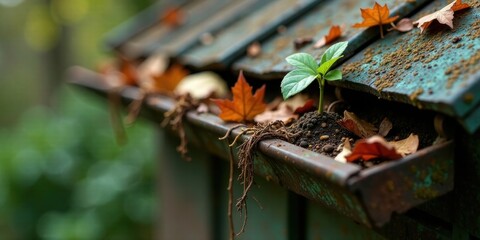 A resilient sprout emerges from autumnal debris within a weathered gutter, showcasing the cycle of life and nature's tenacious spirit.