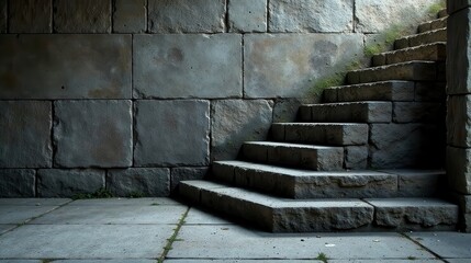 Stone Steps Leading Up to a Stone Wall in Shadowy Light