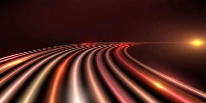 Vibrant light trails on dark background, glowing lines high speed traffic road, long time exposure, motion blur effect