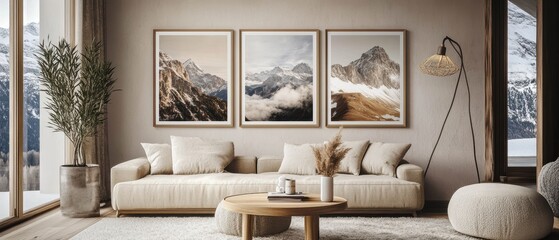 Cozy living room featuring modern wall art, three framed mountain prints, sleek furniture, natural light, and home decor accessories. Interior design mockup.