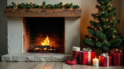 Cozy Christmas Fireplace with Decorated Tree and Gifts