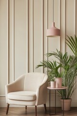 Cozy living room setting featuring a light-colored chair, stylish plant decor, modern side table, and pastel lighting fixtures. Ideal wall art poster mockup template.