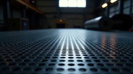 Industrial Setting Perforated Metal Sheet on Factory Floor with Blurred Background