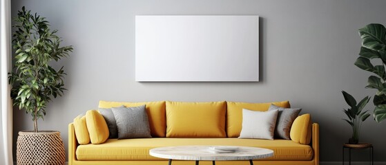 Cozy living room setup featuring a bright yellow sofa, stylish decor elements, mockup poster space, modern coffee table, and indoor plants. Perfect for home decor enthusiasts.