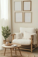 Obraz premium Cozy living room setup featuring a comfortable chair, minimalist decor, round coffee table, blank wall art frames, greenery, and a warm atmosphere. Home interior. Template.