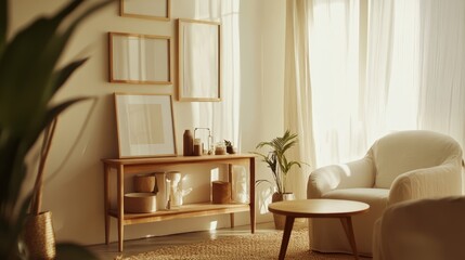 Fototapeta premium Cozy living room setup featuring a minimalist wooden console, blank frames, soft armchair, decorative plants, and warm lighting. Wall art mockup ready for design.