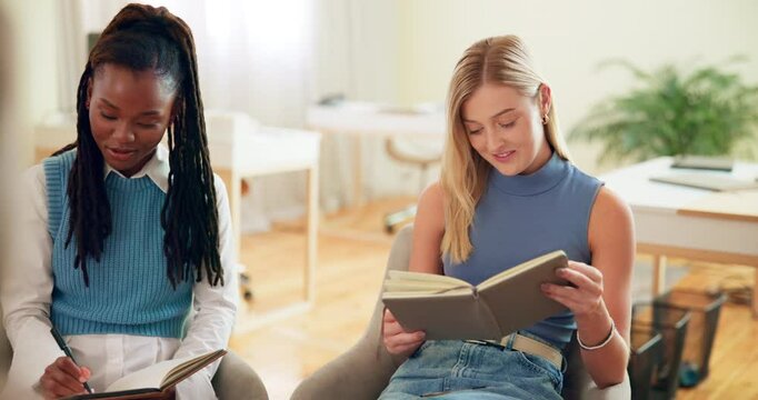 Teacher, students and book for writing notes at university, education and consulting on project. Women, assistance and facilitator for teaching english literature, listening and journal for planning